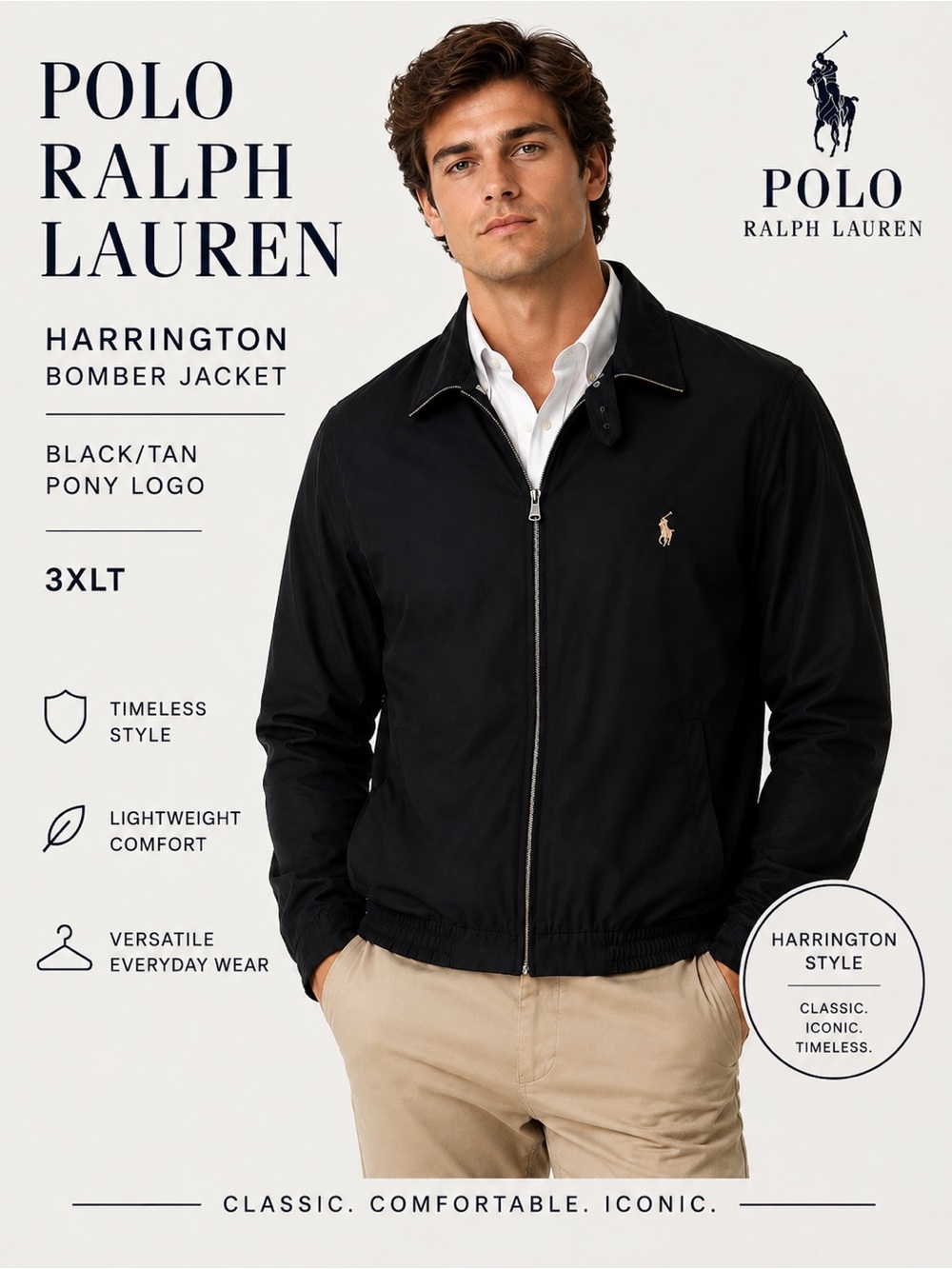Polo Ralph Lauren bomber jacket  lined  black tan pony logo  3XLT Harrington